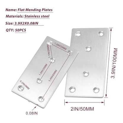 50PCS Flat Metal Brackets, 4" 304 Stainless Steel Mending Plates - size: 4X2X0.08IN