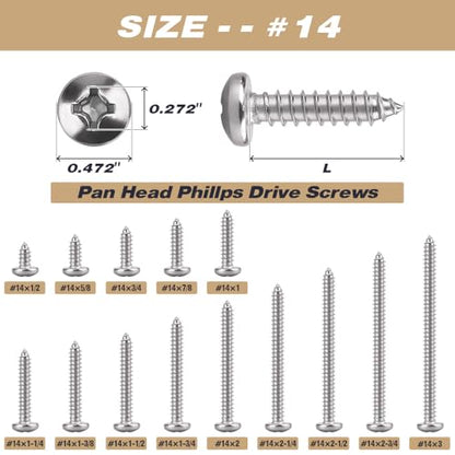 #14 x 1-3/8" Phillips Pan Head Sheet Metal Screws 304 Stainless Steel 30Pcs - size: #14 x 1-3/8