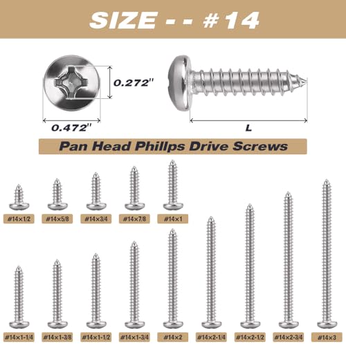 #14 x 1-3/4" Phillips Pan Head Sheet Metal Screws 304 Stainless Steel 20Pcs - size: #14 x 1-3/4