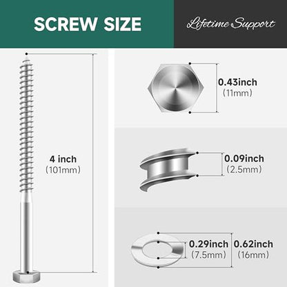 (15Sets) 1/4" x 4" Hex Head Lag Bolts, Heavy Duty Lag Screws with Washers, 304 Stainless Steel 18-8, 1/4 Bolt for Wood, Fully Threaded - size: 1/4" x 4"