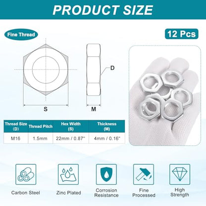 PATIKIL M16x1.5x4mm Steel Hex Nuts, 12Pcs Metric Fine Thread Carbon Steel Zinc Plated Finished Hardware Screw Nuts Fasteners for Machinery Manufacturing, Industrial Use, 22mm Width - size: M16x1.5x4x22mm