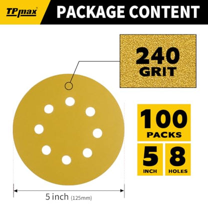 100PCS 5 Inch 240 Grit 125mm 8 Hole Sanding Discs Sandpaper - Premium Gold Round Hook and Loop for Random Orbital Sander - Ideal for Wood, Metal, Automotive - style: 240 Grit - 100 Pack