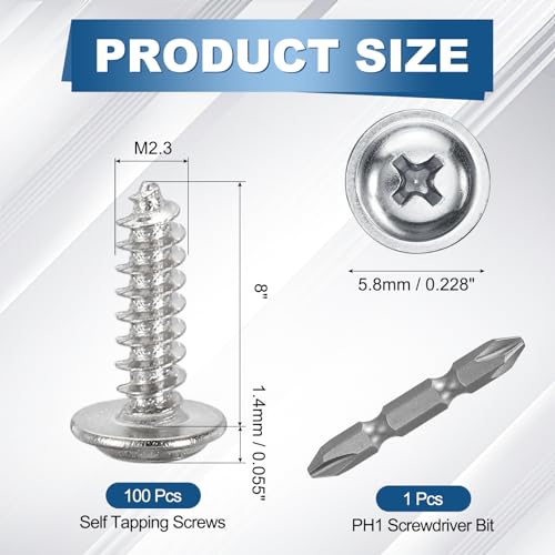 100pcs M2.3x8 Self Tapping Screws Carbon Steel Silver - size: M2.3x8