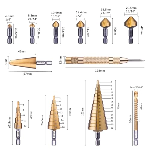 12PCS HSS Titanium Step, Countersink, Cone Drill Set with 1/4" Hex Shank - size: 12 pcs