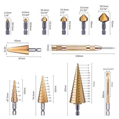 12PCS HSS Titanium Step, Countersink, Cone Drill Set with 1/4" Hex Shank - size: 12 pcs
