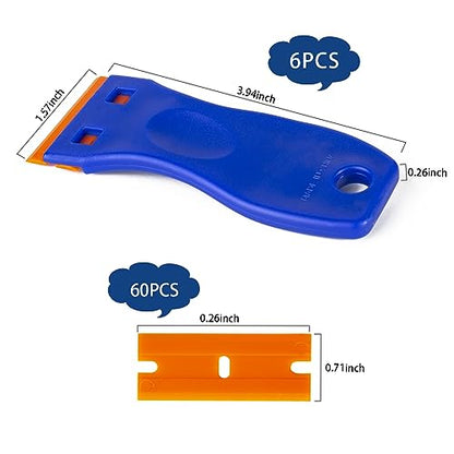 Plastic Razor Blade Scraper Tool, 6 Pcs Razor Scraper with 60 Pcs Plastic Blades, Cleaning Scraper Remover for Removal Floor Stove Scraping Labels and Decals Sticker on Car Window Glass