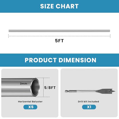 5 Foot x 5/8-inch Round Horizontal Bar Baluster for Stair Remodel- 304 Stainless Steel Hollow Staircase Metal Spindles for Indoor Staircase-5 Pack - size: Stainless Steel-5 Feet-1mm