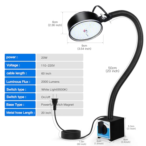 20W Magnetic LED Work Light, 2000LM, 500mm Flexible Gooseneck, for Sewing Machine, Lathe, Work Bench, Shop Lighting