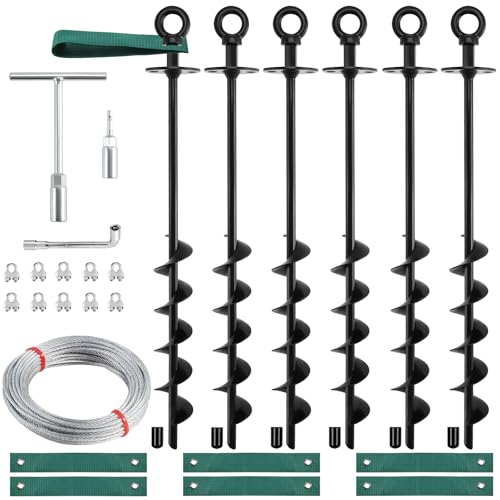 Garden Stakes 18" Heavy Duty Tree Stakes Ground Anchors with Straps & Steel Cable - Screw in Spiral Earth Anchors for Plant Support, Shed, Trampoline, Swing Set - Secure Against High Winds (6) - size: 6×18in(with10 clips)