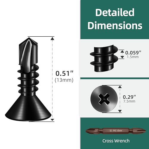 600pcs #8 x 1/2 Sheet Metal Self Tapping Screws Assortment Kit, 410 Stainless Steel Flat Head High-Strength Fast Self-Drilling Screws, Black Oxided - size: #8x1/2"