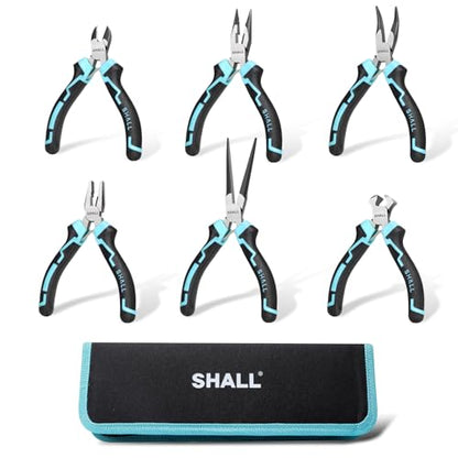 SHALL Mini Pliers Set, 6-Piece Small Pliers Tool Set Includes Needle Nose, Long Nose, Bent Nose, Diagonal, End Cutting and Linesman for Making Crafts, Electronic Repairing & Jewelry with Pouch