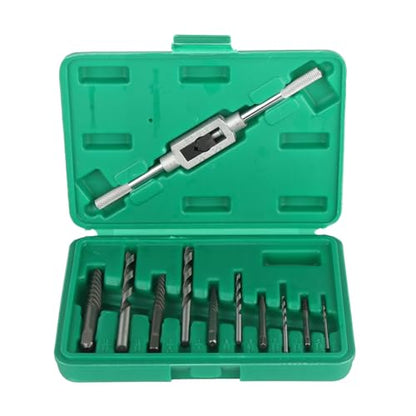 11pcs Broken Screw Extractor Set, Drill Bits and Left Handed Spiral Flute Tools for Removing Damaged Rusted Stripped Screws Bolts Fasteners, with Tap Handle for Easy Use