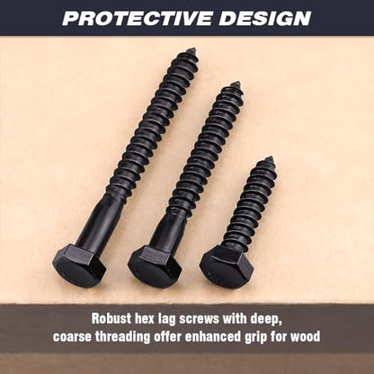 8-Sets 1/2 x 3 Hex Lag Screws and 1/2" ID Flat Washers, 304 Stainless Steel 18/8, Black Coated, Heavy Duty Wood Screws for Deck/Fence/Floor, by AOESIN - size: 1/2 x 3"
