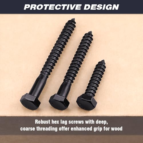 6-Sets 1/2 x 6 Hex Lag Screws and 1/2" ID Flat Washers, 304 Stainless Steel 18/8, Black Coated, Heavy Duty Wood Screws for Deck/Fence/Floor, by AOESIN - size: 1/2 x 6"