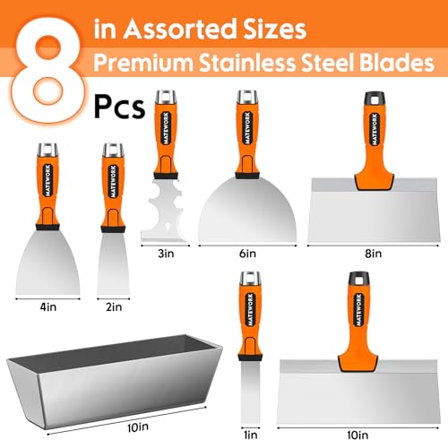 Matework 8Pcs Drywall Tools & Putty Knife Set with Hammer End, Mud Pan - color: 8 Pc