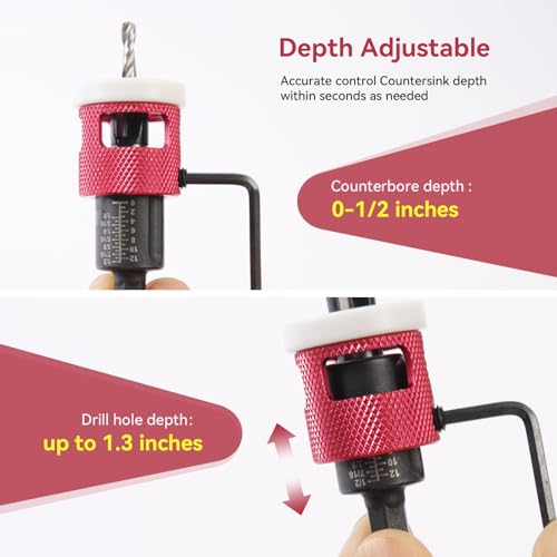 Countersink Drill Bit Set - 5 Pcs Countersink Drill Bit with Low Friction Depth Stop, HSS M2 Tapered Bits, Carbide Drill Bits 1/4” Hex Shank for Woodworking Tools - color: red