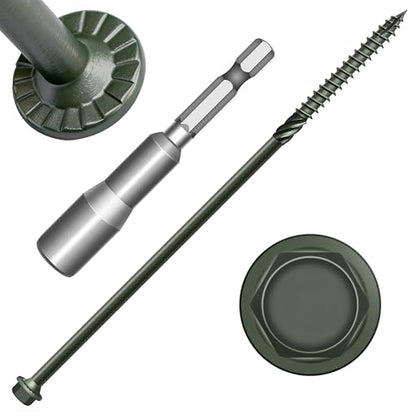 Mywish 20 Pack #14 x 8 Inch Exterior Lag Screws, 6.3x100mm Serrated Hex Washer Structural Deck Wood Screw, Heavy Duty Construction Screw, Rust Resistant Green Coated, Exterior Wood Screws - size: 14 x 8"