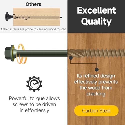 Mywish 100 Pack #14 x 6 Inch Exterior Lag Screws, 6.3x100mm Serrated Hex Washer Structural Deck Wood Screw, Heavy Duty Construction Screw, Rust Resistant Green Coated, Exterior Wood Screws - size: 14 x 6"