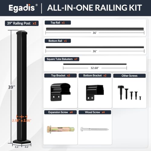 Egadis 1 Pack 36 in x 3 ft Modular Aluminum Porch and Deck Railing Kit - color: Level 3ft - 1Panel 1Post