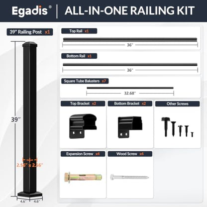 Egadis 1 Pack 36 in x 3 ft Modular Aluminum Porch and Deck Railing Kit - color: Level 3ft - 1Panel 1Post