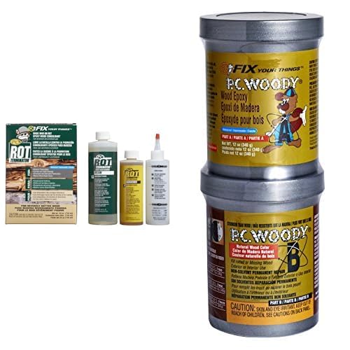 PC Products Wood Repair Bundle, PC-Rot Terminator Epoxy Wood Hardener, Two-Part 24 oz, Amber & PC-Woody Wood Repair Epoxy Paste, Two-Part 12 oz, Tan