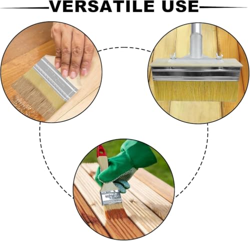 2 Pack Deck Stain Brush with Threaded Long Handle 7 Inch Deck Stain Applicator, 60" Extension Pole Deck Stain Applicator with 3" Paint Brushes Set for Painting Wood Deck, Fence, Wall and Furniture