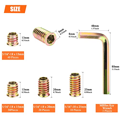 5/16-18 Threaded Inserts, Wood Inserts, Steel Threaded Inserts for Wood Furniture Screw, HELIFOUNER 100 Pieces 5/16"-18 x 13mm/15mm/20mm/25mm Threaded Inserts Kit with Hex Wrench - size: 5/16"-18 Assortment Kit