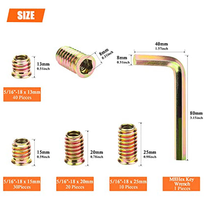 5/16-18 Threaded Inserts, Wood Inserts, Steel Threaded Inserts for Wood Furniture Screw, HELIFOUNER 100 Pieces 5/16"-18 x 13mm/15mm/20mm/25mm Threaded Inserts Kit with Hex Wrench - size: 5/16"-18 Assortment Kit