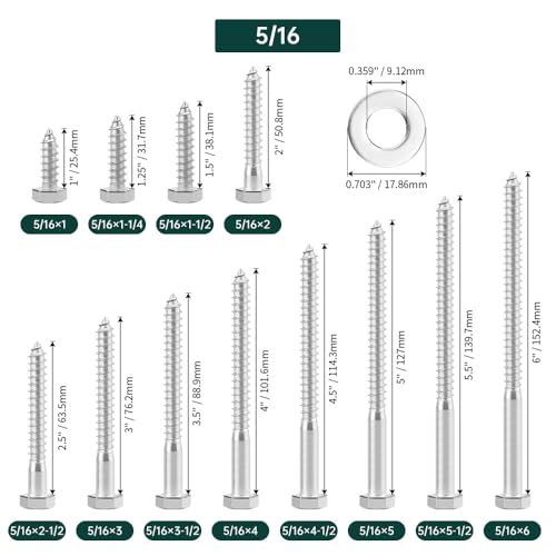 5/16 x 1 Hex Head Lag Screws Bolts with Flat Washers (20 Sets), 304 Stainless Steel 18/8, Full Thread, Deck Screws, Heavy Duty Hex Head Wood Lag Screws, Fayeploo - size: 5/16 x 1"