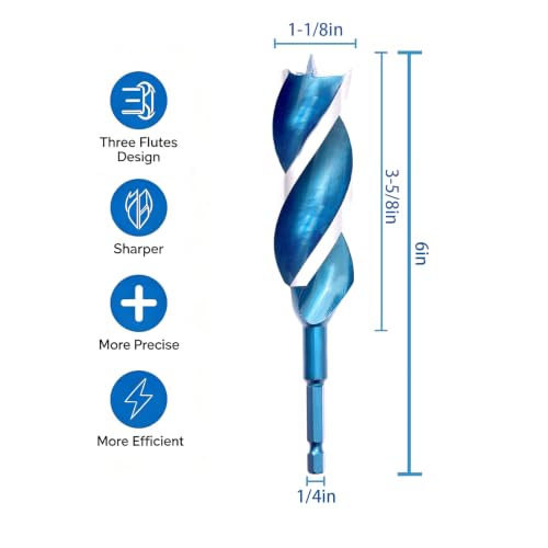 Auger Wood Drill Bit 1-1/8" x 6" x 1 Pack, Tri-Flute, 1/4 Inch Quick Change Hex Shank - size: 1-1/8" x 6" x 1Pcs