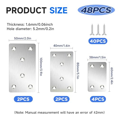 8Sets 3Sizes 2.4x1.5'' 3.1x1.5'' 4x2'' Silver Flat Metal Brace Brackets Straight Mending Plates for Wood Stainless Steel Bracket Plate with Holes YY032-B - color: Silver