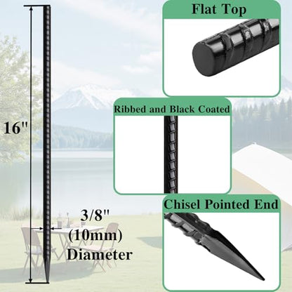 Rebar Stakes 16 Inch 20 Pack Heavy Duty Ground Anchors with Chisel Point End Long Straight Steel Tent Stakes 3/8" Thickness Metal Spikes Black Coated for Concrete Timber Camping Garden Plant - size: I-16"x3/8"-20pcs