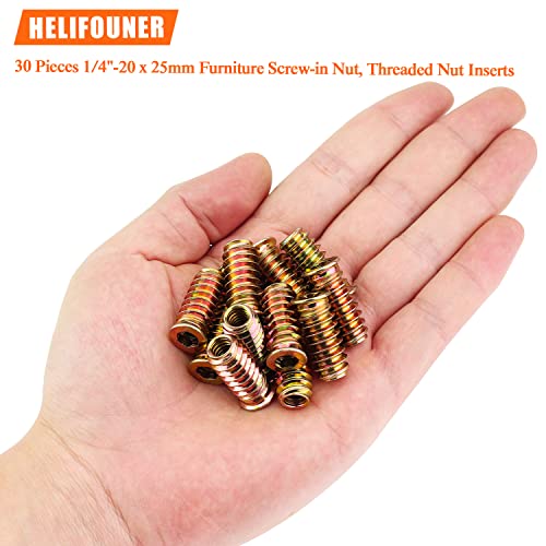 1/4-20 Threaded Inserts, Wood Inserts, Steel Threaded Inserts for Wood Furniture Screw, HELIFOUNER 30 Pieces 1/4"-20 x 25mm Threaded Inserts with Hex Wrench for Wood Furniture - size: 1/4"-20 x 25mm