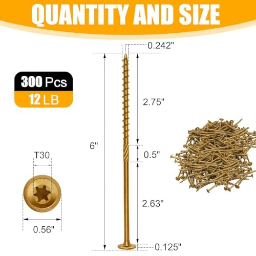 #14 x 6 Inch Wood Screws, 300 Pack Structural lag Screws for Decks