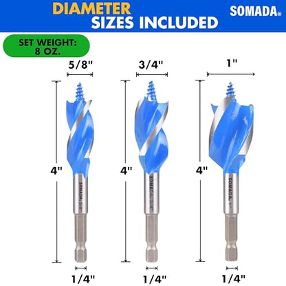 SOMADA Auger Drill Bit Set for Wood, 3-Piece, Hex Shank Quick Change - size: 3 PCS SET