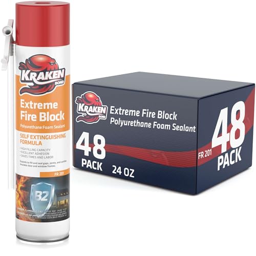 Kraken Bond Extreme Orange Fire Block Foam - (48x24oz) Fire Rated Polyurethane Spray for Gap Filling, Sealing on Windows, Walls, Joints & Pipes, Straw Use High Expansion Fire Proof Foam - 48 Pack - size: 48 Pack