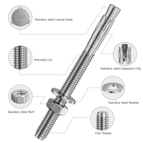 Wensilon 10Pcs 5/16x5 Inch Standard Fasteners for Heavy-Duty 304 Stainless Steel Wedge Anchors for Cement and Concrete - size: 5/16x5"