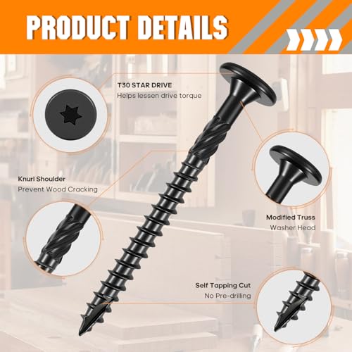 #14 x 4-1/2" Lag Screws 500Pcs - Structural Screw for Outdoor Wood, Furniture, Deck & Framing, Black Wood Screws, Rust Resistant, Includes T30 Star Bit & Gloves - size: #14x4-1/2in 500pcs