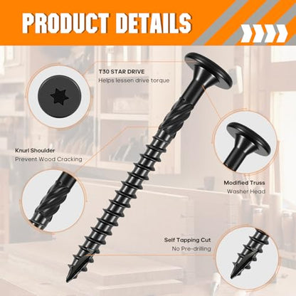 #14 x 4-1/2" Lag Screws 500Pcs - Structural Screw for Outdoor Wood, Furniture, Deck & Framing, Black Wood Screws, Rust Resistant, Includes T30 Star Bit & Gloves - size: #14x4-1/2in 500pcs
