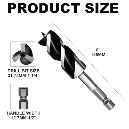 1-1/4"×6" Professional Auger Drill Bit for Wood with Quick Change 1/2" Hex Shank- 3-Cutter Design with Dual-Flute for Fast Chip Removal, Fits Hardwood, Softwood, PVC, Drywall & Tree Stumps - size: 1-1/4"×6"