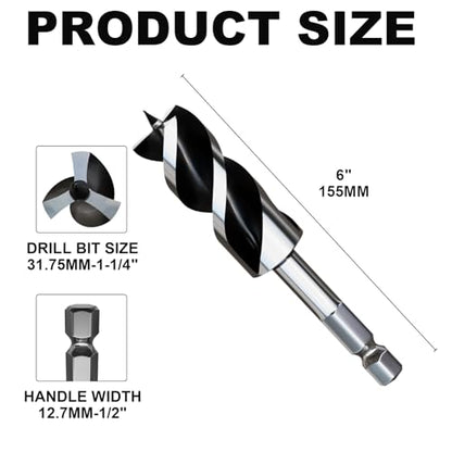 1-1/4"×6" Professional Auger Drill Bit for Wood with Quick Change 1/2" Hex Shank- 3-Cutter Design with Dual-Flute for Fast Chip Removal, Fits Hardwood, Softwood, PVC, Drywall & Tree Stumps - size: 1-1/4"×6"