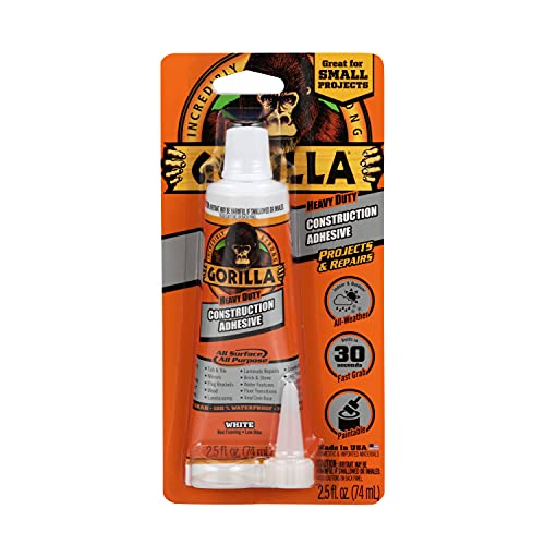 Gorilla Heavy Duty Construction Adhesive, White Glue, 2.5 Ounce Squeeze Tube (Pack of 5) - Gap Filling and Waterproof - size: 2.5 Ounce (Pack of 5)