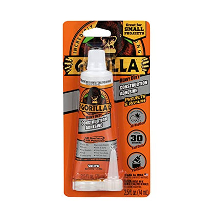 Gorilla Heavy Duty Construction Adhesive, White Glue, 2.5 Ounce Squeeze Tube (Pack of 5) - Gap Filling and Waterproof - size: 2.5 Ounce (Pack of 5)