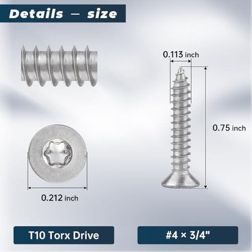 Glvaner 200-pack #4 x 3/4" Torx Flat Head Self Tapping Wood Screws, 304 Stainless Steel 18/8, Indoor/Outdoor Use, Includes Torx Bit - size: #4 x 3/4