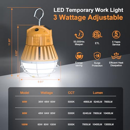 100W 80W 60W LED Temporary Work Light, Portable Hanging Construction Light - size: CCT-5000K