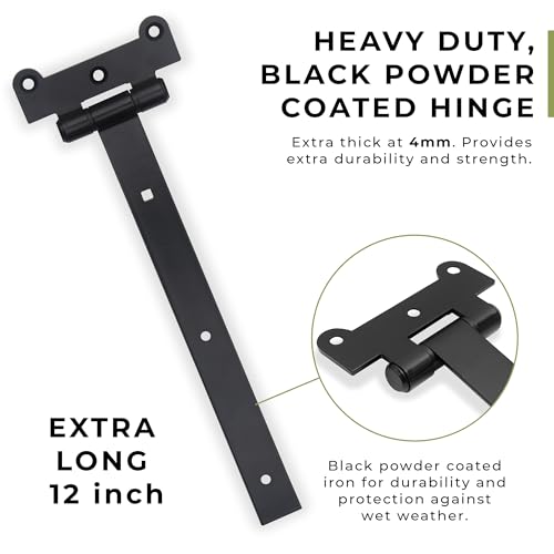12" Black Door Hinges – 2Pcs Gate Hinges with 12 Mounting Screws – Medium/Heavy Duty 4mm Thick Iron Construction with Black Powder Coating – Ideal for Gates, Sheds, Barns
