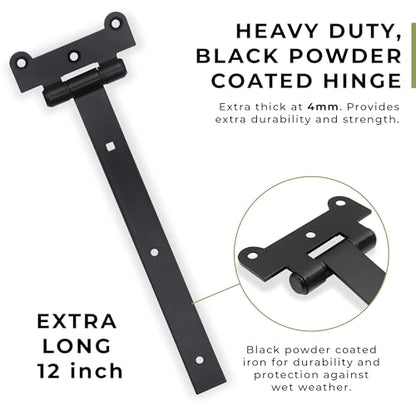 12" Black Door Hinges – 2Pcs Gate Hinges with 12 Mounting Screws – Medium/Heavy Duty 4mm Thick Iron Construction with Black Powder Coating – Ideal for Gates, Sheds, Barns