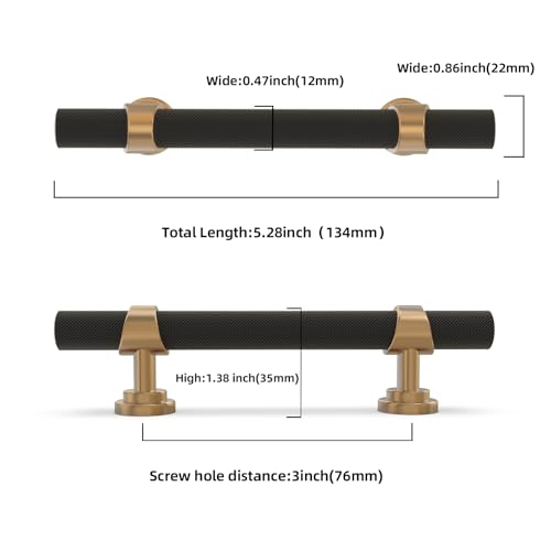10 Pack 3 Inch Cabinet Pulls knurled Matte Black and Champagne Bronze Kitchen Cabinet Handles Aluminum and Zinc Alloy Drawer Pulls Solid Cabinet Hardware - color: Black and Champagne, size: 3'' Hole Center(76mm)