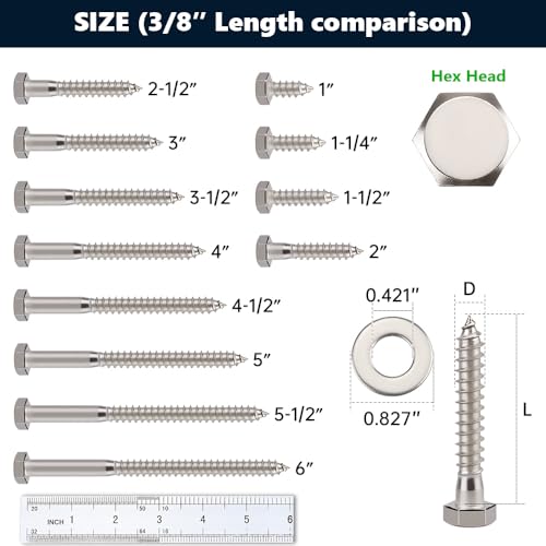 6-Sets 3/8 x 6 Hex Head Lag Screws & Flat Washers, Heavy Duty Lag Wood Screws, 304 Stainless Steel (18-8), 3/8" Bolt - size: 3/8 x 6