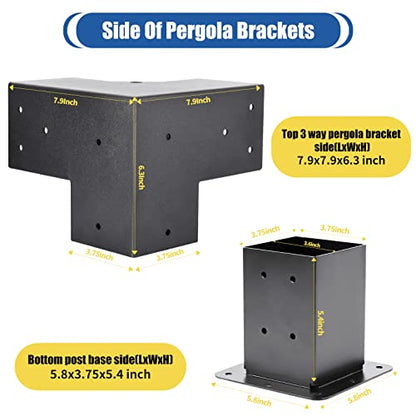 4 Pcs 4"x4" Pergola Brackets(Actual:3.6"x3.6") with 4 Pcs Post Base - size: 3-Way 4x4 Inch with Base - 4 Pcs